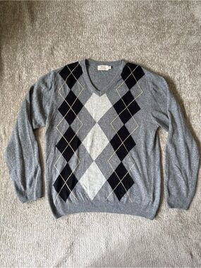 Wills Huckberry Men’s Cashmere Wool Blend Argyle V Neck Sweater Gray Large